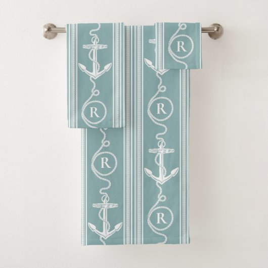 Nautical Anchor Rope Monogram Neutral Turquoise Bad Handdoek (Insitu)