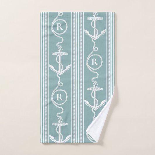 Nautical Anchor Rope Monogram Neutral Turquoise Bad Handdoek (Handdoek)