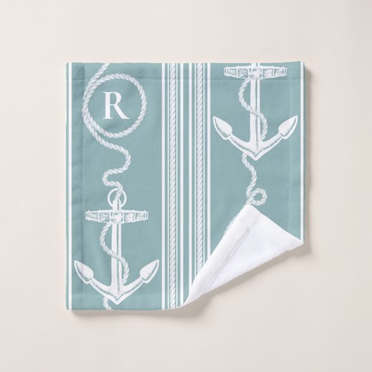Nautical Anchor Rope Monogram Neutral Turquoise Bad Handdoek (Wasdoekje)