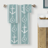 Nautical Anchor Rope Monogram Neutral Turquoise Bad Handdoek