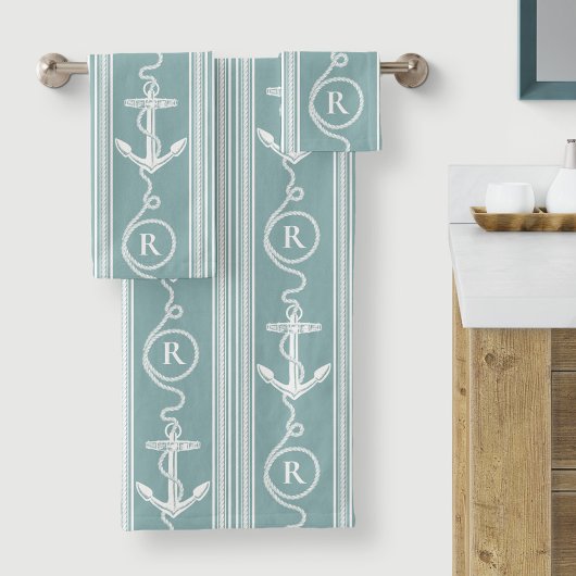Nautical Anchor Rope Monogram Neutral Turquoise Bad Handdoek