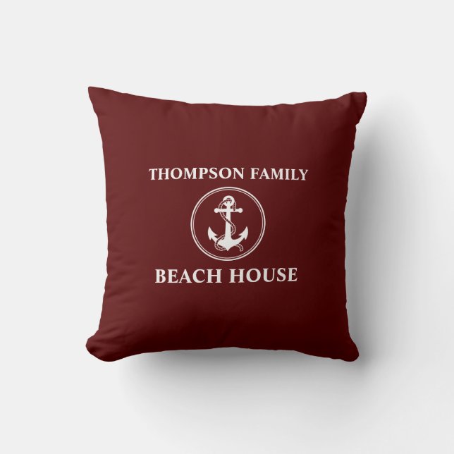 Nautical Anchor Rope Name Beach House Deep Red Kussen (Voorkant)