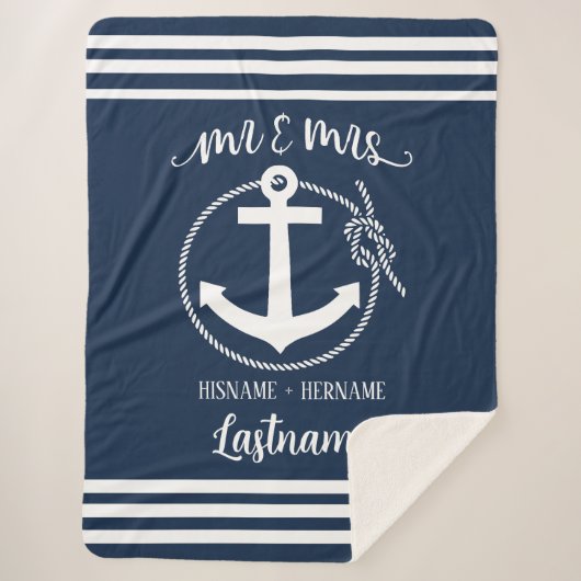 Nautical Anchor Rope Navy Blue Mr. & Mrs. Sherpa Deken (Voorkant)