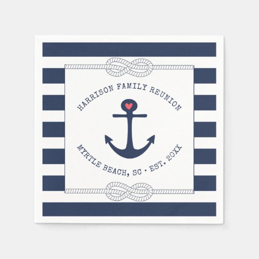 Nautical Anchor Rope Navy Blue Striped Reunion Servet (Voorkant)