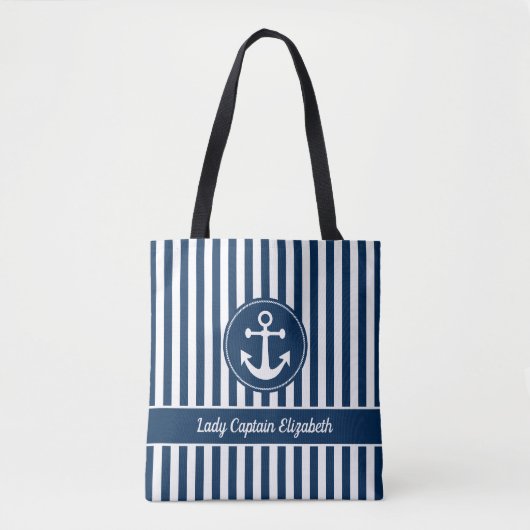 Nautical Anchor Rope Navy Blue Stripes Custom Tote Bag (Voorkant)