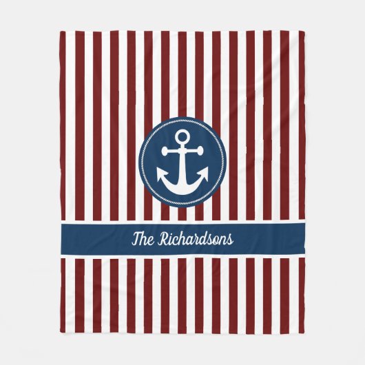 Nautical Anchor Rope Navy Red White Stripes - Aang Fleece Deken (Voorkant)