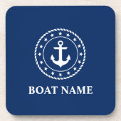Nautical Anchor Rope Stars Boat Name Navy Blue Bier Onderzetter (Voorkant)