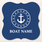 Nautical Anchor Rope Stars Boat Name Navy Blue Kartonnen Onderzetters (Voorkant)