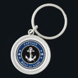 Nautical Anchor Rope & Stars Captain of Boat Name Sleutelhanger<br><div class="desc">Een aangepaste Nautical Anchor & Rope met uw persoonlijke naam van de kapitein of naam van de boot,  Navy Blue Black en White sleutelhanger.</div>