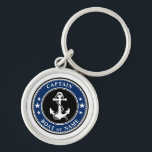 Nautical Anchor Rope & Stars Captain of Boat Name Sleutelhanger<br><div class="desc">Een aangepaste Nautical Anchor & Rope met uw persoonlijke naam van de kapitein of naam van de boot,  Navy Blue Black en White sleutelhanger.</div>