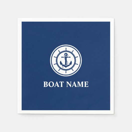 Nautical Anchor Rope Wheel Boat Name Navy Blue Servet (Voorkant)