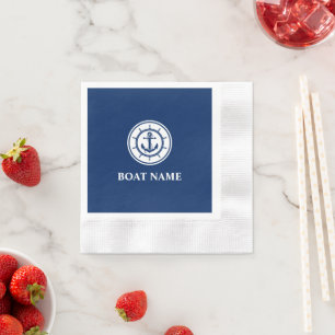 Nautical Anchor Rope Wheel Navy Blue Boat Name Servet