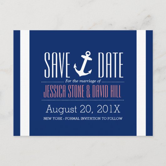 Nautical Anchor Royal Blue Wedding Save the Date Aankondigingskaart (Voorkant)
