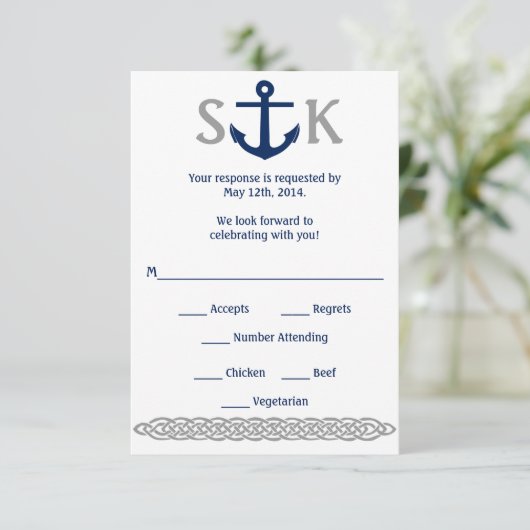 Nautical Anchor RSVP Card Navy and Grey (Staand voorkant)