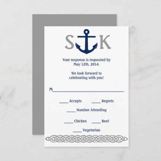 Nautical Anchor RSVP Card Navy and Grey (Voorkant / Achterkant)