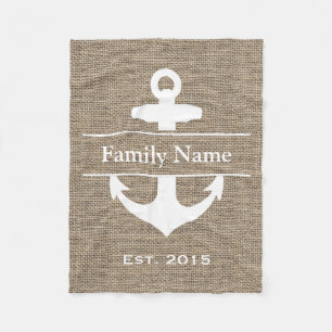 Nautical Anchor Rustic Burlap Familienaam Fleece Deken