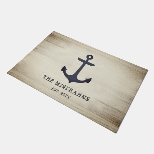 Nautical Anchor Rustic Grey Wood Aangepaste naam Deurmat (Schuin)