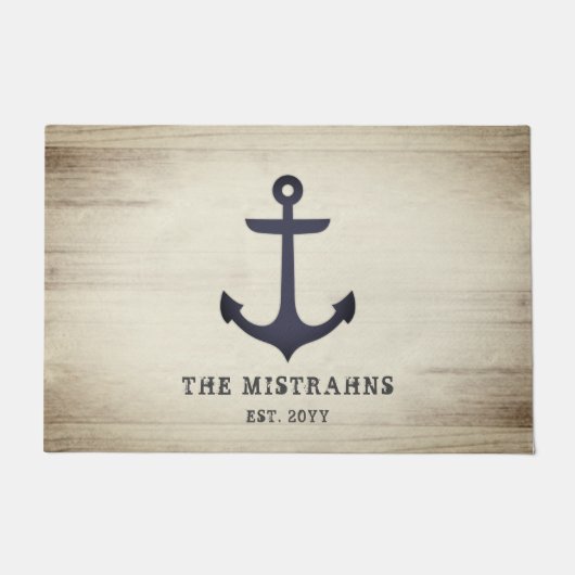 Nautical Anchor Rustic Grey Wood Aangepaste naam Deurmat (Voorkant)