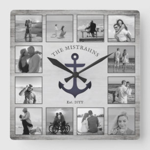 Nautical Anchor Rustic Wood Black & White Photos Vierkante Klok