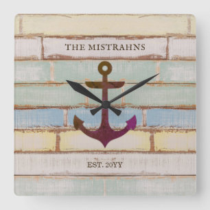 Nautical Anchor Rustic Wood Boat Name Family Vierkante Klok