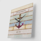 Nautical Anchor Rustic Wood Boat Name Family Vierkante Klok (Hoek)