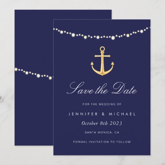 Nautical Anchor Save the Date, Navy Gold Kaart (Voorkant / Achterkant)