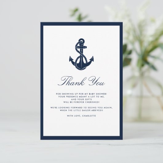 Nautical Anchor Script Boy Baby shower Bedankkaart (Staand voorkant)