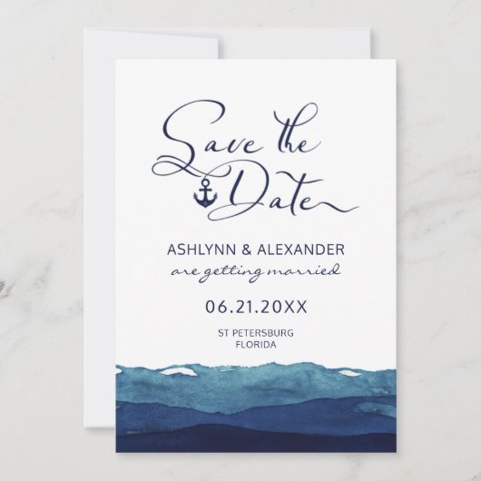 Nautical Anchor Script Typography Waterverf Navy Save The Date (Voorkant)