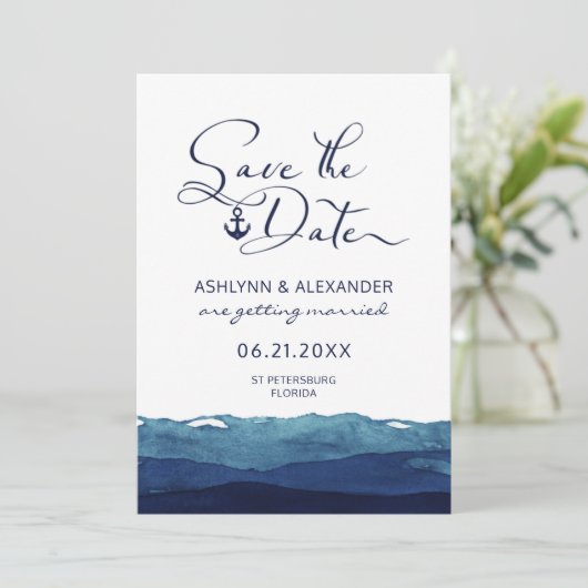 Nautical Anchor Script Typography Waterverf Navy Save The Date (Staand voorkant)