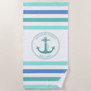 Nautical Anchor Seafoam Striped MonogramName Strandlaken