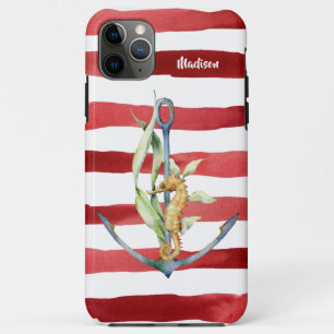 Nautical Anchor Seahorse and Stripes with Name Case-Mate iPhone Case