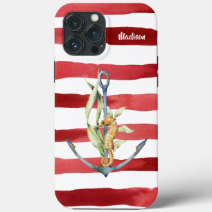 Nautical Anchor Seahorse and Stripes with Name Case-Mate iPhone Case