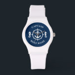 Nautical Anchor Seahorse Captain Boat Name Navy Horloge<br><div class="desc">Een nautische anker en zeepaardje met Captain Rank of andere titel en Jouw naam of bootnaam op een stijlvol polshorloge. Deze gepersonaliseerde Pocket Watch zal niet alleen tijd kosten,  maar is ook een leuk gespreksonderwerp. Perfect voor Vaderdag,  maar ook een geweldig cadeau voor elke gelegenheid.</div>