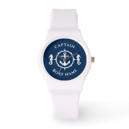 Nautical Anchor Seahorse Captain Boat Name Navy Horloge