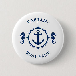 Nautical Anchor Seahorse Captain Boat Name Navy Ronde Button 5,7 Cm