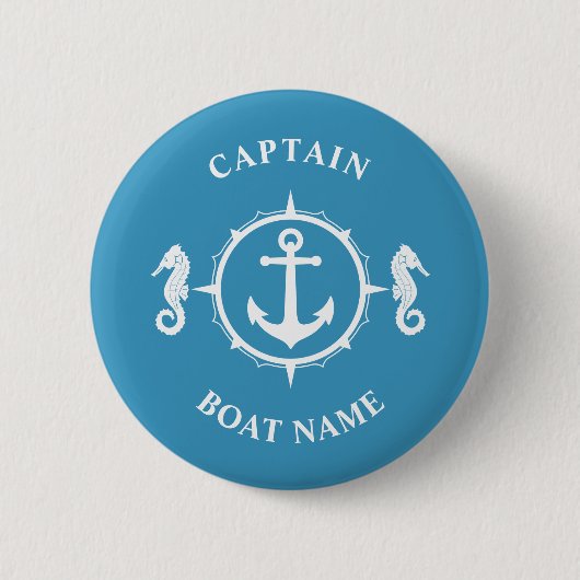 Nautical Anchor Seahorse Kapitein Boat Name Blue Ronde Button 5,7 Cm (Voorkant)