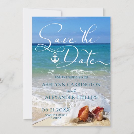 Nautical Anchor Seashells on Beach of Your Photo Save The Date (Voorkant)