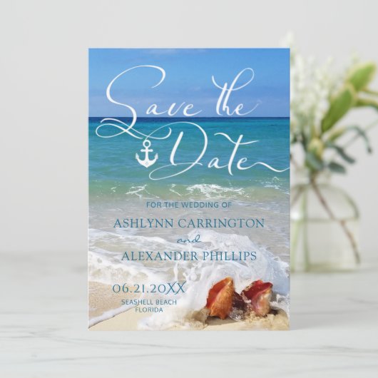Nautical Anchor Seashells on Beach of Your Photo Save The Date (Staand voorkant)