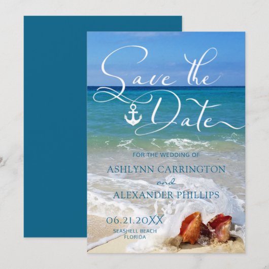 Nautical Anchor Seashells on Beach of Your Photo Save The Date (Voorkant / Achterkant)