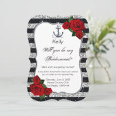 Nautical Anchor Silver Black Stripes Bridesmaid Kaart (Staand voorkant)