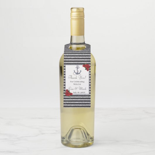 Nautical Anchor Silver Black Stripes Weddenschap Flessenhanger (Op fles)