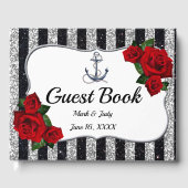 Nautical Anchor Silver Black Stripes Weddenschap Gastenboek (Voorkant)