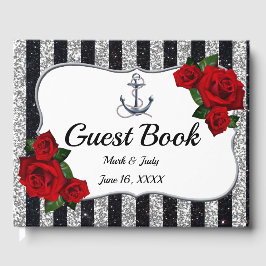 Nautical Anchor Silver Black Stripes Weddenschap Gastenboek