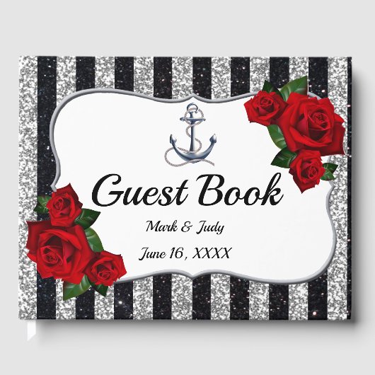 Nautical Anchor Silver Black Stripes Weddenschap Gastenboek (Voorkant)