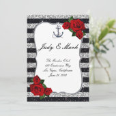 Nautical Anchor Silver Black Stripes Weddenschap Menu (Staand voorkant)