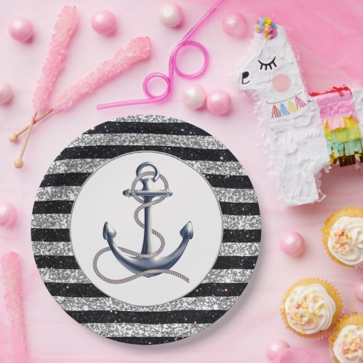 Nautical Anchor Silver Black Stripes Weddenschap Papieren Bordje (Feest)
