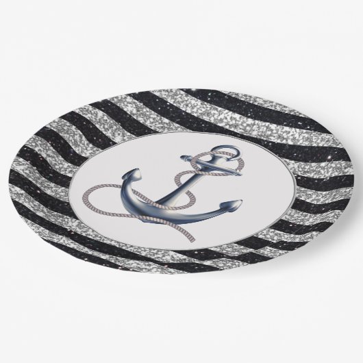 Nautical Anchor Silver Black Stripes Weddenschap Papieren Bordje (Gekanteld)