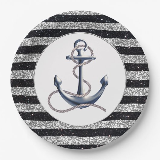 Nautical Anchor Silver Black Stripes Weddenschap Papieren Bordje (Voorkant)