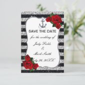 Nautical Anchor Silver Black Stripes Weddenschap RSVP Kaartje (Staand voorkant)