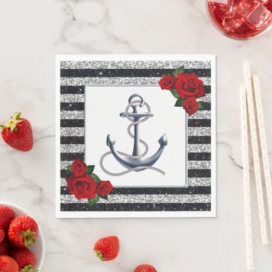 Nautical Anchor Silver Black Stripes Weddenschap Servet (Insitu)